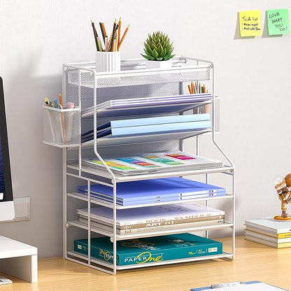 7 Tier Desk File Organizer,Metal Document Holder with Adjustable Shelves, Pull-Out Drawer & Removable Pen Holder for Office Organization,White