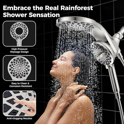 High Pressure Rain Shower Head with Handheld Spray Combo: Detachable Dual Shower Head with 10 Sprays Modes - Upgrade Knob Spray Mode Selector and Magnetic Guidance Docking System