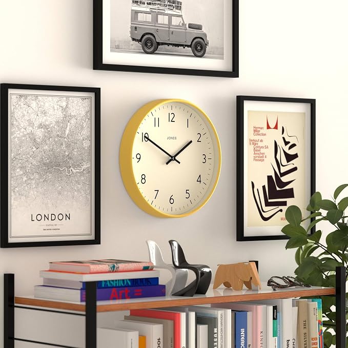 JONES CLOCKS® Studio wall Clock | Modern Round Style | 12 inch | Yellow | Easy to Read Numbers | Versatile Design for Kitchen, Living Room or Office