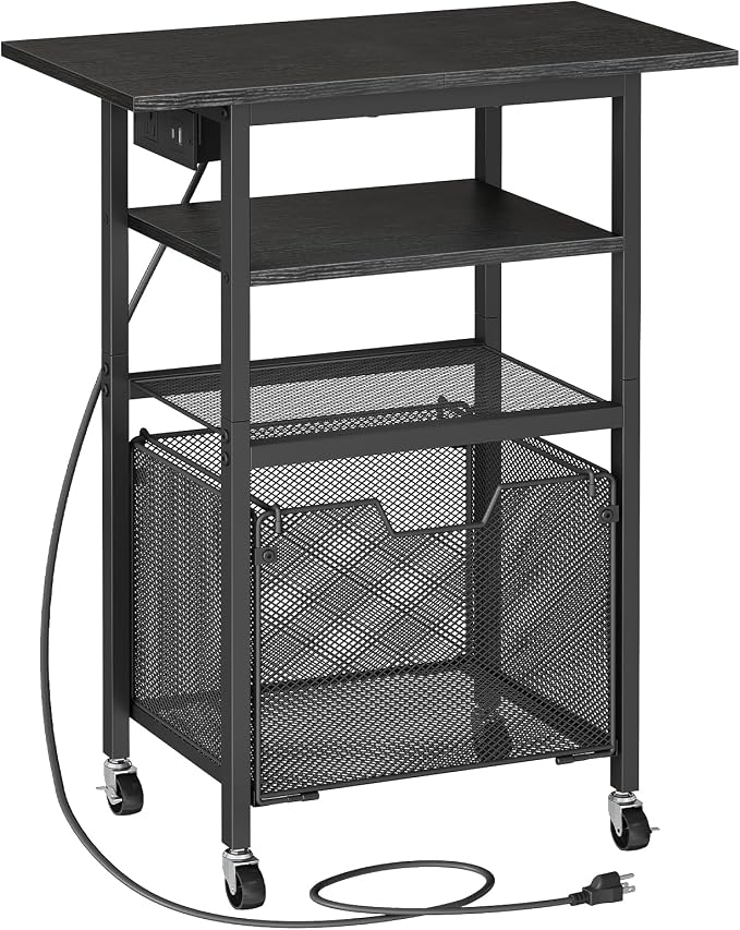 HOOBRO Printer Stand, Printer Table with Charging Station, Printer Cart with Hanging File Folder Organizer, Rolling File Cabinet Cart, Shelf for Home Office, Black BB17UPS01