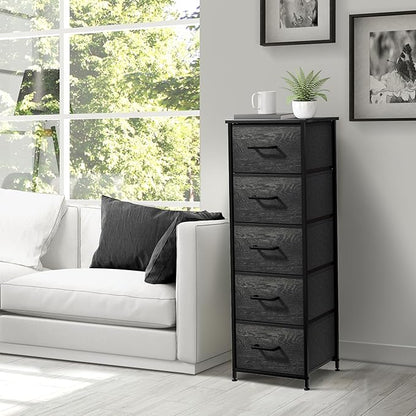 Sorbus Nightstand Dresser with 5 Faux Wood Drawers – Tall Bedside Table Chest with Storage, Steel Frame, Wood Top, Easy Pull Fabric Bins for Bedroom, Living Room, Closet & Dorm Furniture Lamp Stand