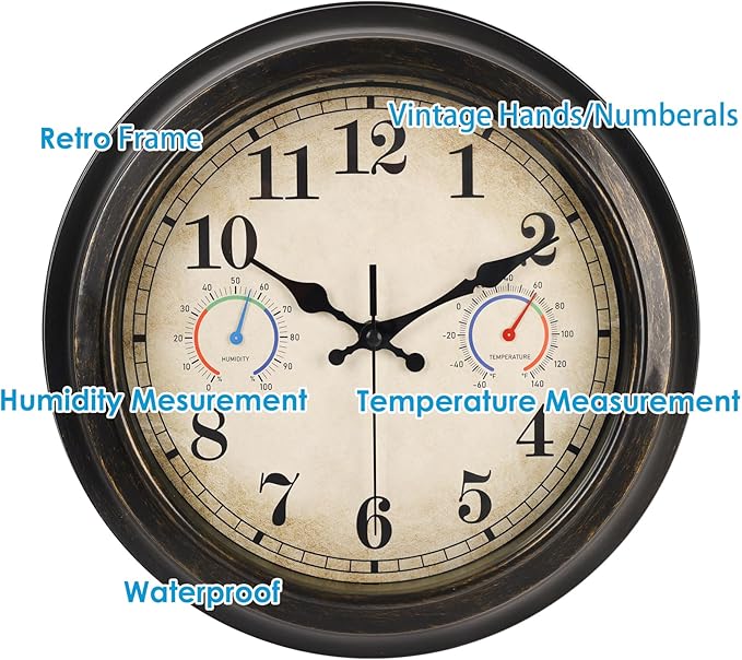12 Inch Outdoor Clock with Thermometer and Hygrometer Combo, Waterproof Indoor Outdoor Wall Clocks for Patio, Pool,Garden Decor- Retro Bronze