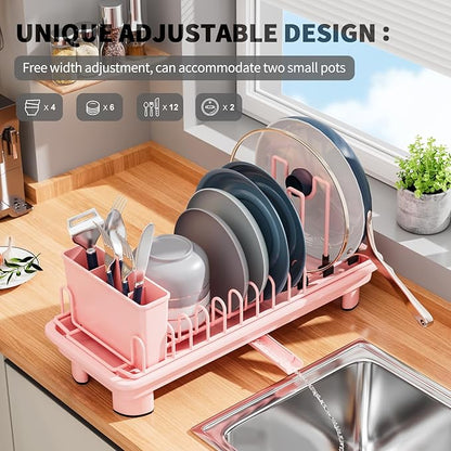 SanDream Small Dish Drying Rack with Removable Utensil Holder & Anti-Scratch Base - Stainless Steel Dish Rack, Dish Drying Rack with Drainage & Space Saving Design for Kitchen Counter, Pink