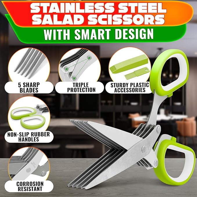 Herb Scissors with 5 Blades and Cover - Mince Fresh Cilantro, Parsley, Scallion, Chives & Dill in Seconds for Salad, Pasta, Tacos & Daily Meal Prep - Stainless Steel Herb Cutter with Cleaning Brush