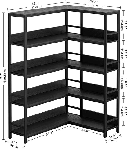 IRONCK Corner Bookshelf 5 Tiers, Industrial Corner Bookcase with Baffles Etagere, L Shaped Bookshelves with Metal Frame, Corner Shelf Storage Rack for Living Room Home Office