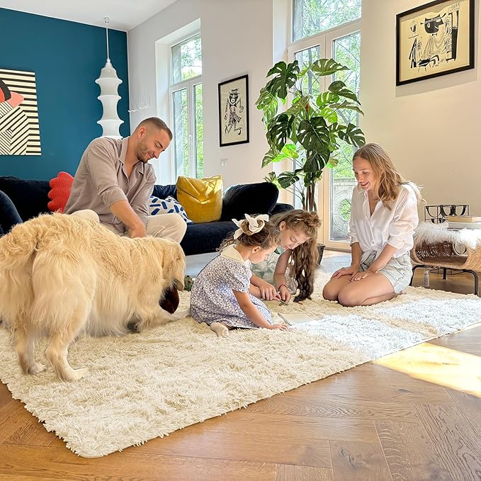 OLANLY 5x7 Machine Washable Large Area Rugs for Living Room, Bedroom, Soft Fluffy Shaggy Bedside Rug, Indoor Floor Carpet for Kids Girls and Boys, Dorms, Nursery, Home Decor Aesthetic, Cream