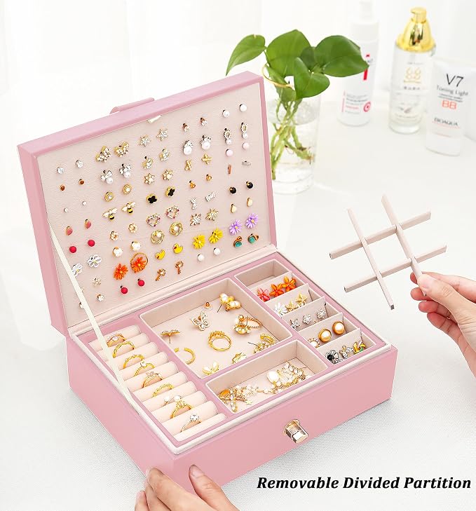 QBestry Girls Jewelry Box Earring Holder Organizer for Girls Earring Organizer Teen Jewelry Box Organizer for Girl Pink jewelry Boxes for Earrings Necklaces Rings Stud Earrings Box Organizers Teens