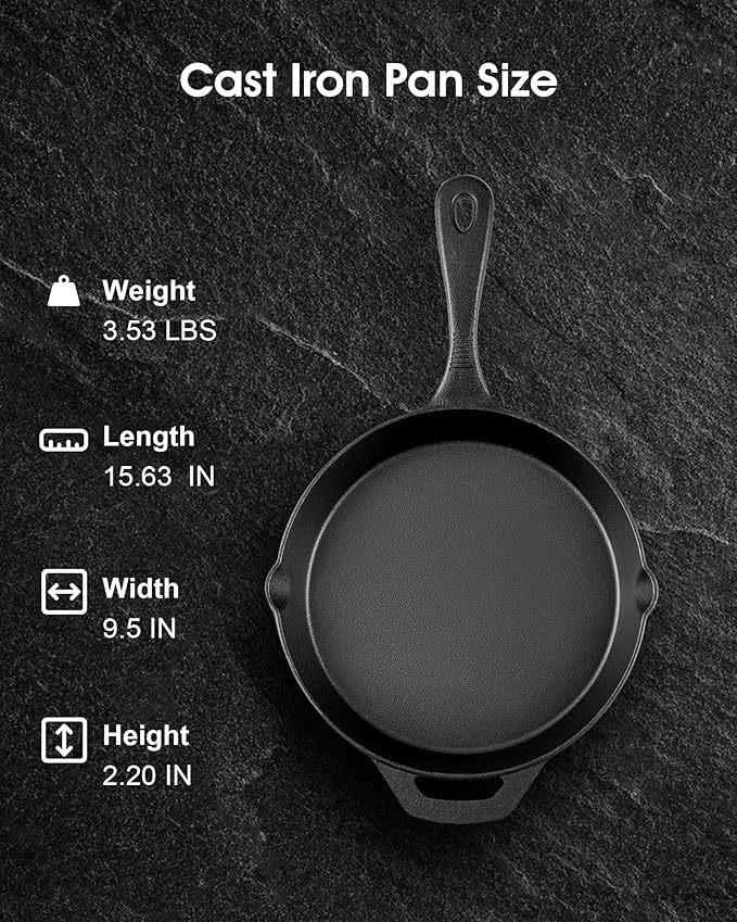 Cast Iron Skillets, 9.5 Inch Frying Pan with Teardrop Handle, Oven Safe, Durable Camping Cookware for Stove & Grill Use, Indoor/Outdoor