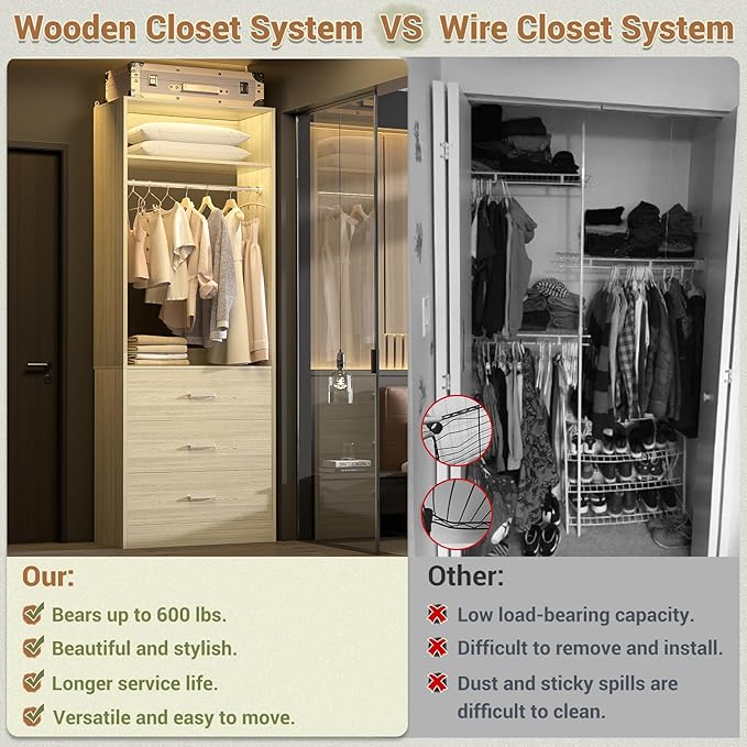 Closet System Set of 4, 8FT Closet Systems with 12 Wood Drawers, 96" Closet Organizer System with 4 Hanging Rods & 4 Shelves,Heavy Duty 96 Inch Walk-in Closet,White Oak (96"L x 15" W x 80" H)