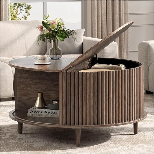JOINICE,Round Coffee Table with Storage, 31.5" Fluted Center Table for Living Room, Modern Walnut Wood Circle Drum Table with Sliding Cabinet Door, Mid Century Furniture for Small Space