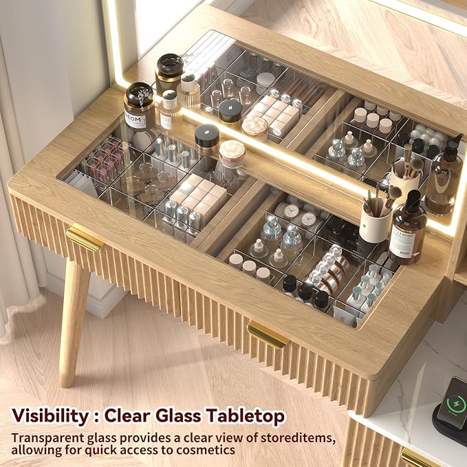 43" Fluted Makeup Vanity Desk with 32" Mirror and Lights, Modern Glass Top Large Vanity Table with 5 Drawers and 3 Storage Shelves, Dressing Table Set with Charging Station for Bedroom-Gray