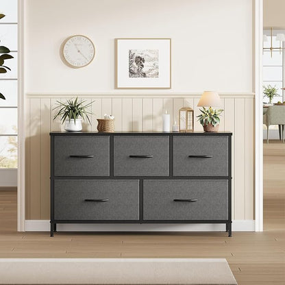 OLIXIS Dresser for Bedroom with 5 Drawers, Wide Chest of Drawers, Fabric Bedroom Dresser with Drawer Organizers, Storage Organizer Unit with Fabric Bins for Closet, Living Room, Hallway,Grey