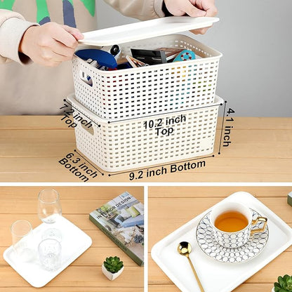 AREYZIN Plastic Storage Baskets With Lid Organizing Container Lidded Knit Storage Organizer Bins for Shelves Drawers Desktop Closet Playroom Classroom Office, White, 6 Pack