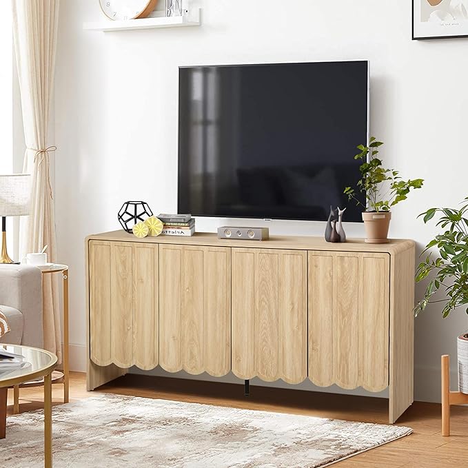 ORRD Sideboard Buffet Cabinet, Accent Storage Cabinets with 4 Doors, Farmhouse Wood Cabinet with Adjustable Shelves and Wave Panel for Living Room, Dining Room, Entry - Natural
