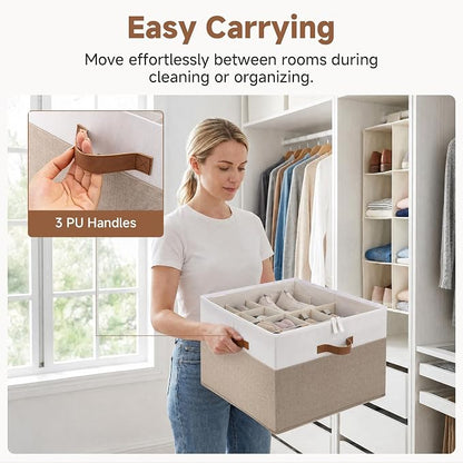 StorageWorks Shoe Organizer for Closet, Foldable Shoe Storage Box with Adjustable Dividers, Shoe Closet Organizer for Heels, Sneakers, Fits up to 16-32 Pairs, Brown & White