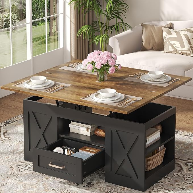 kepptory 39.4'' Lift Top Coffee Table with Storage, 4 in 1 Multi-Function Convertible Coffee Tables for Living Room, Farmhouse Coffee Table with Open Storage Compartment & Drawers (Brown&Black)