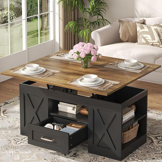 kepptory 39.4'' Lift Top Coffee Table with Storage, 4 in 1 Multi-Function Convertible Coffee Tables for Living Room, Farmhouse Coffee Table with Open Storage Compartment & Drawers (Brown&Black)