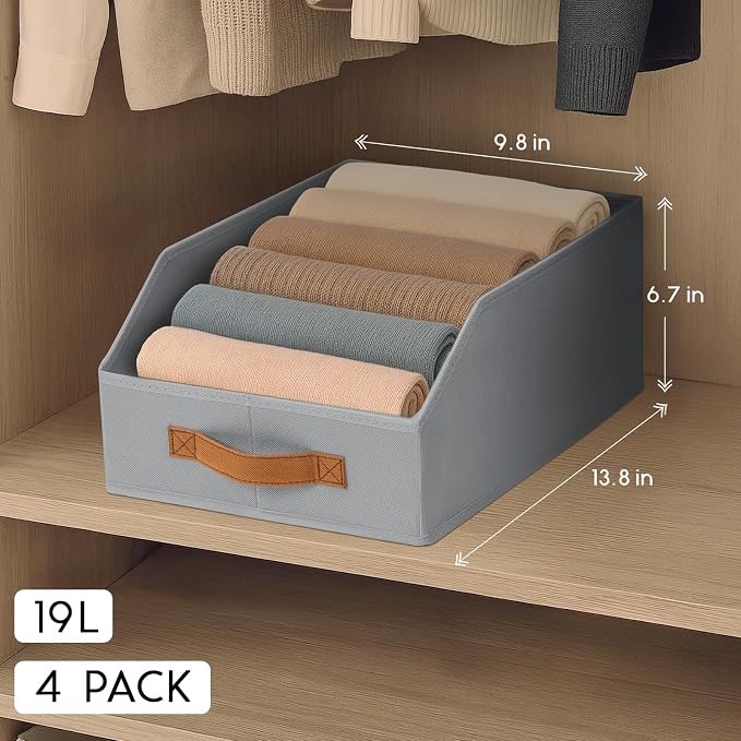 Homsorout Fabric Storage Bins for Organizing - 4 Pack Large Trapezoid Collapsible Storage Bins with Front Handle, Closet Organizers and Storage for Bedroom, Home Shelves, Small Spaces, Grey