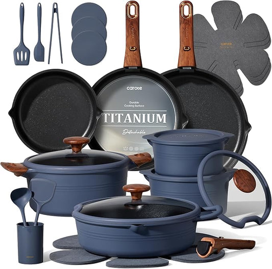 CAROTE 30-Piece Titanium Cookware Set, Nonstick Pots and Pans Set with Detachable Handle, RV Kitchen Cooking Set, Camping Use, Induction Compatible, Dishwasher & Oven Safe