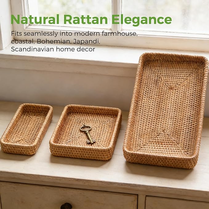 Rattan Serving Tray, Rectangle Basket Set of 3, Wicker Storage and Organizing Baskets, Natural Decorative Woven Tray for Home Decor, Bathroom, Kitchen Counter