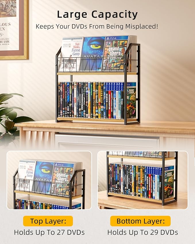 2-Tier DVD Storage Rack, DVD Shelf for Non-slip Feets, DVD Holder Display with 10lb Per Tier, Stores Up to 56 DVDs, Display Organizer Tower for Music Enthusiasts and Collection