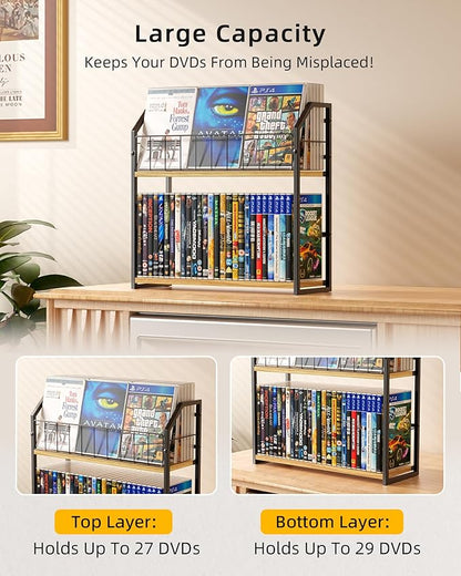 2-Tier DVD Storage Rack, DVD Shelf for Non-slip Feets, DVD Holder Display with 10lb Per Tier, Stores Up to 56 DVDs, Display Organizer Tower for Music Enthusiasts and Collection