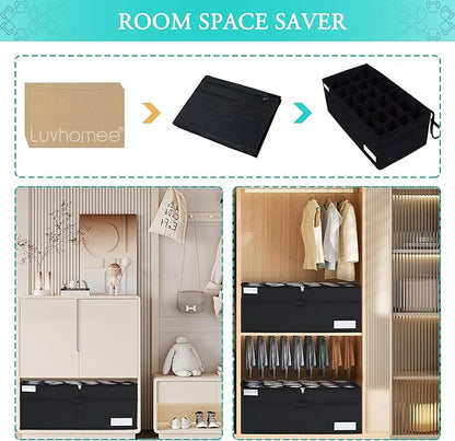 Luvhomee Shoe Storage Organizer, Fits 24 Pairs, Large Shoe Organizer Box for Closet, Clear Foldable Shoes Containers w/Bottom Support, Space Saving Shoe Cubby Storage Boxes w/Reinforced Handles, Black
