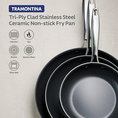 Tramontina Signature 8-Inch Tri-Ply Clad Stainless Steel Small Frying Pan with Ceramic Non Stick Interior, Induction-Ready Nonstick Skillet, Oven-Safe, Made in Brazil