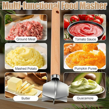 304 Stainless Steel Meat Chopper, 6-Blade Heavy Duty Ground Beef Meat Masher, 11 Inch Food Grade Hamburger Smasher Metal Kitchen Tool for Vegetable Puree Cooking