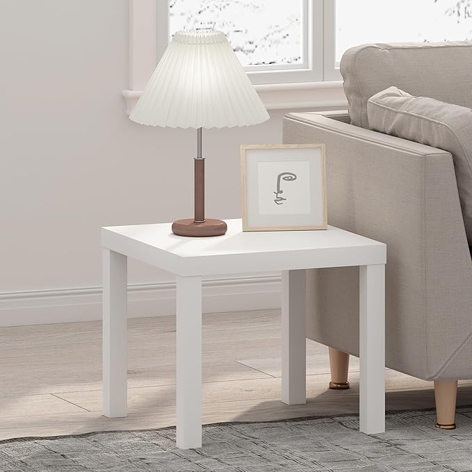 Furinno Classic Side Table, Square Modern End Table with 1.8 Thick Tabletop, Simple Night Stand, Bedside Table, Toolless Assembly, for Living Room, Bedroom, Plain White
