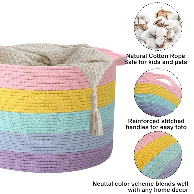 90L Large Blanket Basket,21.7"L x 21.7"W x 13.8"H Rope Woven Baskets with Handles, Toys Storage Bins,Laundry Basket Perfect for Living Room, Nursery,Bedroom,Home Organization,Colorful