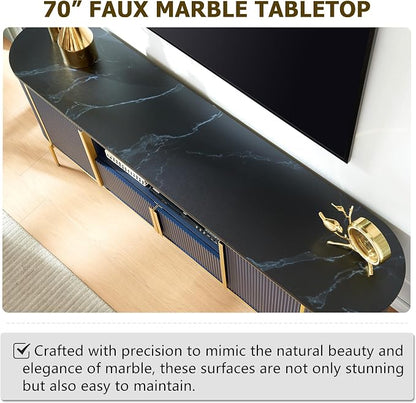 OKD 70" Fluted TV Stand with Storage, Faux Marble Top Entertainment Center for TVs Up to 80", Modern Curved Edge Media Console Cabinet for Living Room, Navy Blue