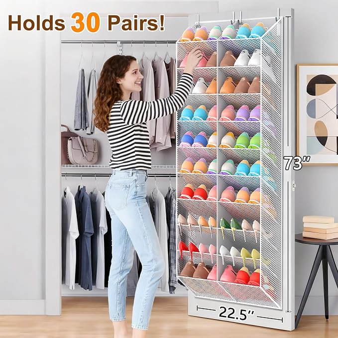 UVIAHOMI Over the Door Shoe Organizer for 30 Pairs, 10-Tier Light Grey