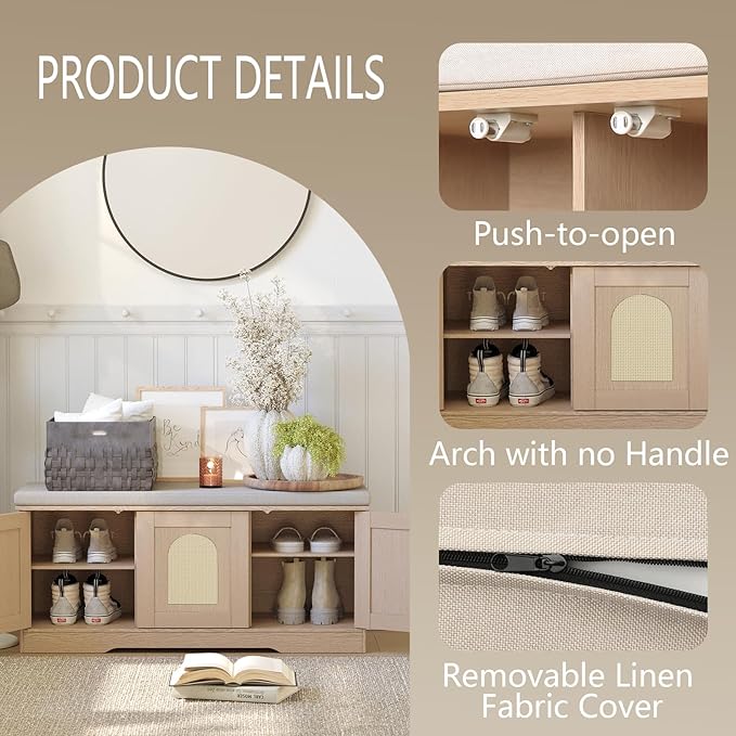DINZI LVJ Shoe Bench, Entryway Storage Bench with Doors, Cushion, 2-Tier Shoe Rack with 6-Cubby, 39.4”L x 13.8”W Shoe Organizer Cabinet, Adjustable Shelf, Living Room, Bedroom, Natural with Rattan