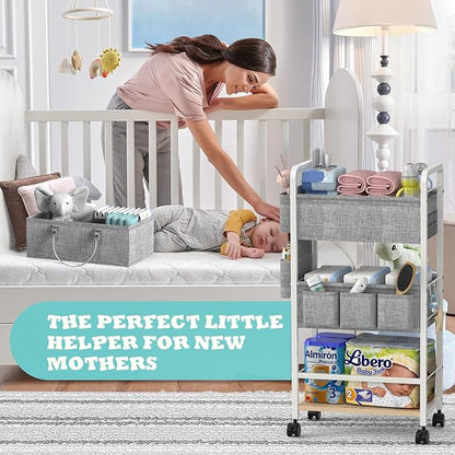 LIDTOP 2In1 Diaper Caddy & 4-Tier Rolling Diaper Cart, Diaper Caddy Organizer Cart with Dividers & Drawer, Mobile Metal Bedside Cart for Baby Nursery Essentials Storage, Large Capacity, White