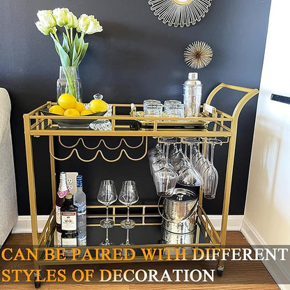 KAKO Gold Bar Cart, Gold Bar Cart with Wheels, Home Bar & Serving Carts with 2 Mirrored Shelves, Bar Carts for The Home, Kitchen, Dining Room, Dining Party