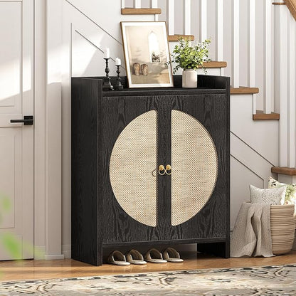 Shoe Cabinet Storage for Entryway - Rattan Entry Way Shoe Storage Cabinet with Adjustable Shelves, Wood Shoe Organizer Cabinet, Accent Cabinet with Doors for Entrance Hallway Living Room Foyer