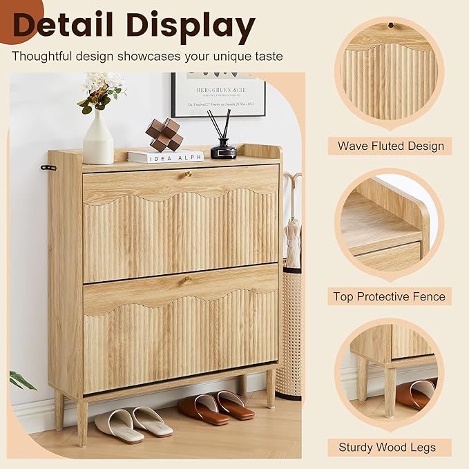 BERRYMERRY 31.5” Fluted Shoe Storage Cabinet Storage for Entryway, 2 Flip Drawers Narrow Shoe Organizer Cabinet with Wave Profile for Hallway,Living Room