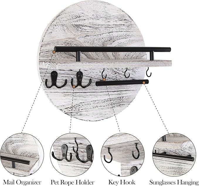 Key Holder for Wall with Shelf - Wood Mail Organizer and Rack with Shelf Hooks Wall Mounted for Entryway Decor Magazines Letter Storage Farmhouse Living Room Bedroom Doorway (White)