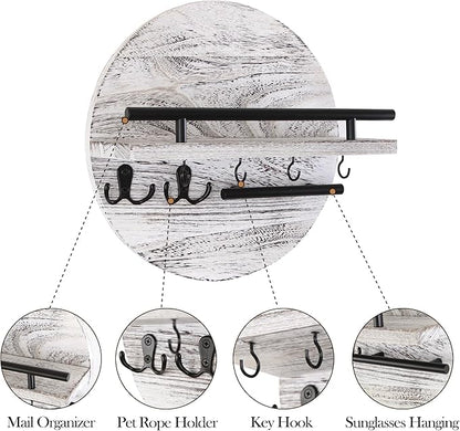 Key Holder for Wall with Shelf - Wood Mail Organizer and Rack with Shelf Hooks Wall Mounted for Entryway Decor Magazines Letter Storage Farmhouse Living Room Bedroom Doorway (White)