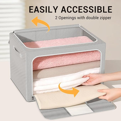 Clothes Storage Bins with Metal Frame Foldable Storage Box Clothes Organizers Storage Containers for Clothes Sheets Blankets Books Toys Gifts and Holiday Decorations (100Lx3 Pack)