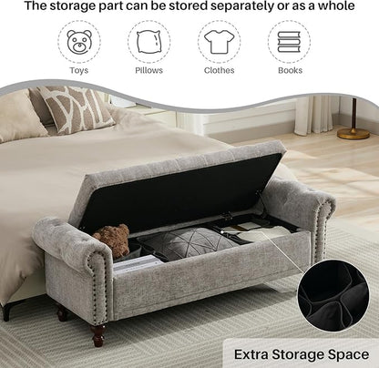 58.1" Storage Bench Upholstered Chenille End of Bedroom Bed Bench Ottoman with Tufted Cushioned Rolled Arm Large Storage Space for Reading Living Room Entryway, Light Grey