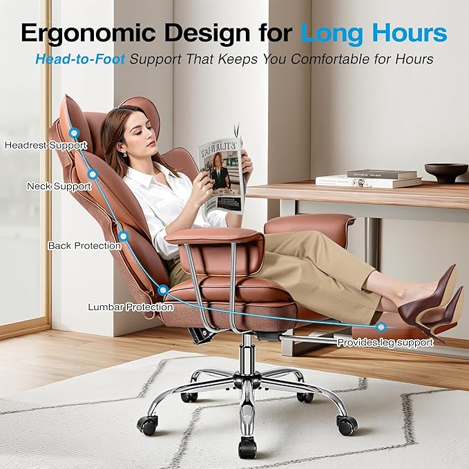 Office Chair Comfy, Big and Tall Executive Leather Chair, High Back Ergonomic Wide Chair with Footrest, Reclining Computer Desk Chair, Heavy Duty Gaming Chair with Padded Arm and Pillow, Brown