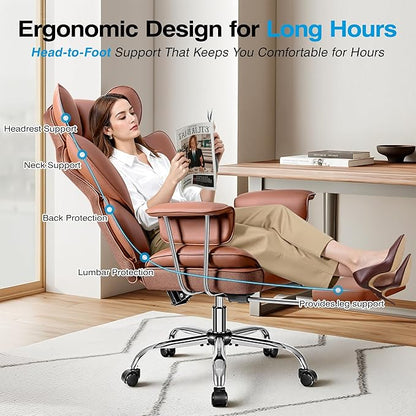 Office Chair Comfy, Big and Tall Executive Leather Chair, High Back Ergonomic Wide Chair with Footrest, Reclining Computer Desk Chair, Heavy Duty Gaming Chair with Padded Arm and Pillow, Brown