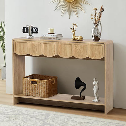 ORRD Console Table with Drawers, Mid-Century 43 Inches Narrow Entryway Table with Open Storage Shelves, Hallway Accent Tables Behind Couch Tables for Living Room - Natural