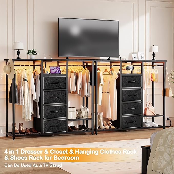 Dresser with Hanging Clothes Rack, 4 Drawers Dresser for Bedroom with LED Lights and Charging Station, Fabric Storage Chest of Drawers for Closet with Clothes Rack Bedroom Kid’s Room, Metal, Black