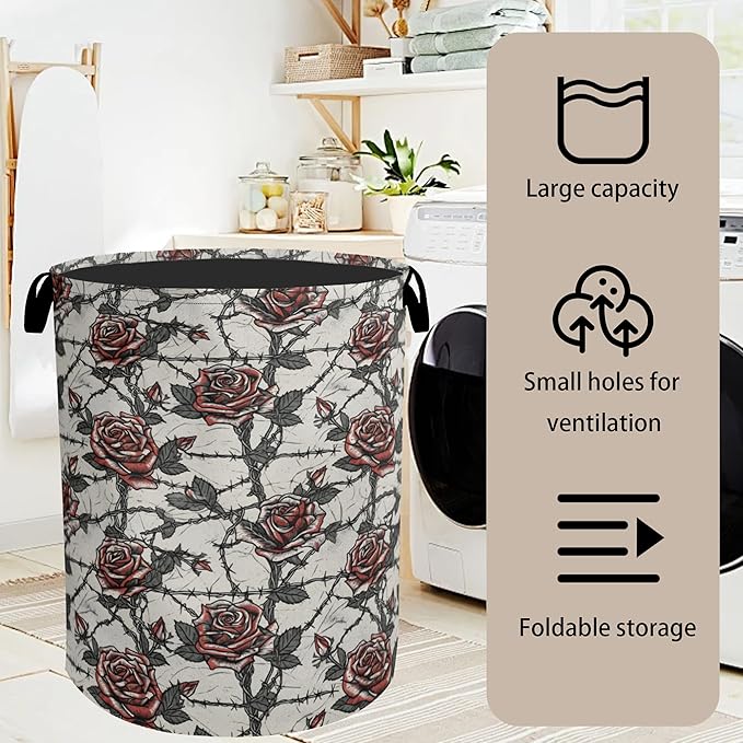 Gothic Thorn Rose Laundry Basket with Handles - Extra Large Foldable Hamper for Bathroom/Laundry/Bedroom/Dorm, Washable Fabric Storage Bin