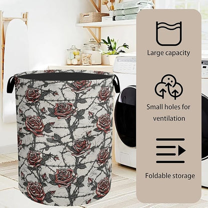 Gothic Thorn Rose Laundry Basket with Handles - Extra Large Foldable Hamper for Bathroom/Laundry/Bedroom/Dorm, Washable Fabric Storage Bin