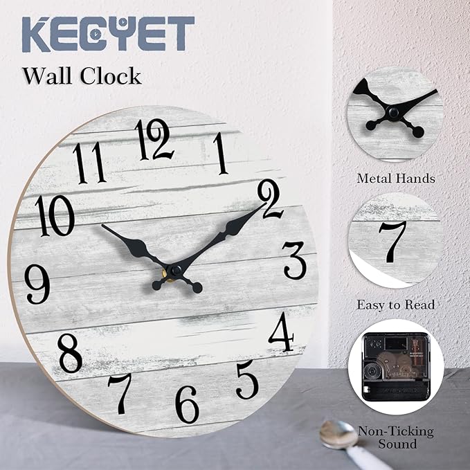 KECYET Wall Clock Battery Operated 14 Inch Large Gray Silent Non Ticking Country Rustic Design Vintage Retro Decorative for Bathroom Kitchen Bedroom