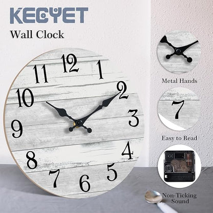 Wall Clock Battery Operated 10 Inch Gray Silent Non Ticking Country Rustic Design Vintage Retro Decorative for Bathroom Kitchen Bedroom